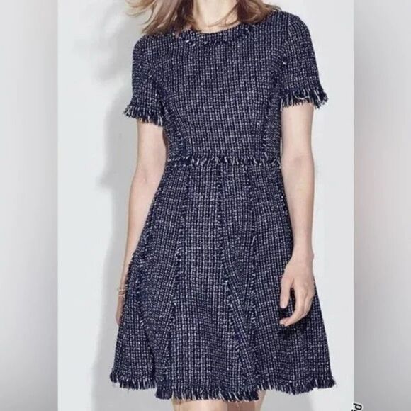 Eliza J Dresses & Skirts - Eliza J Navy Blue White Tweed Fringe Dress Fit and Flare 2 Women